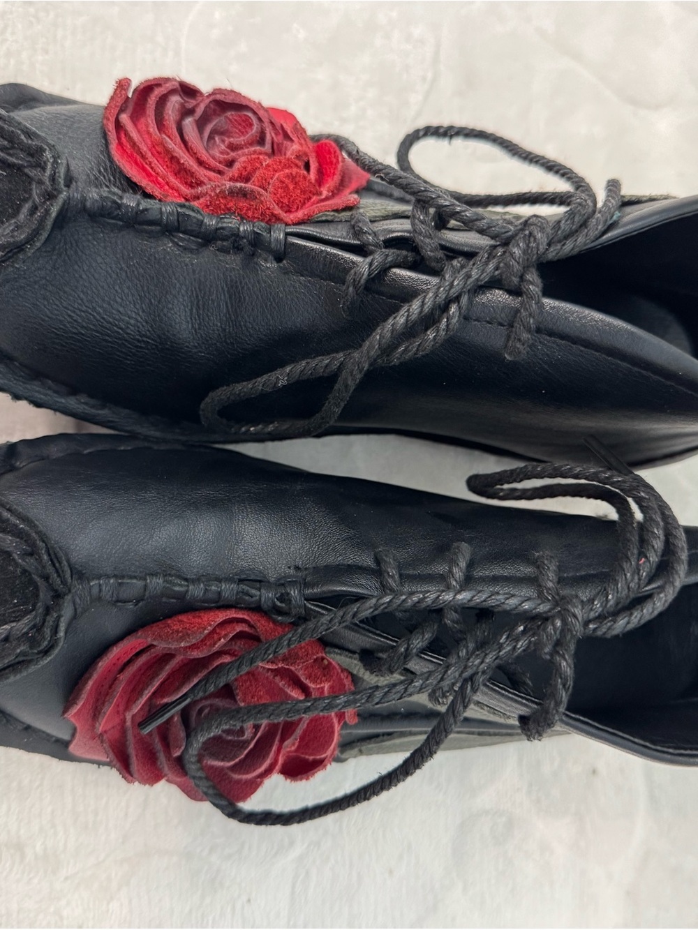 Women’s Black Leather Lace-Up Flats with Red Rose Accent
